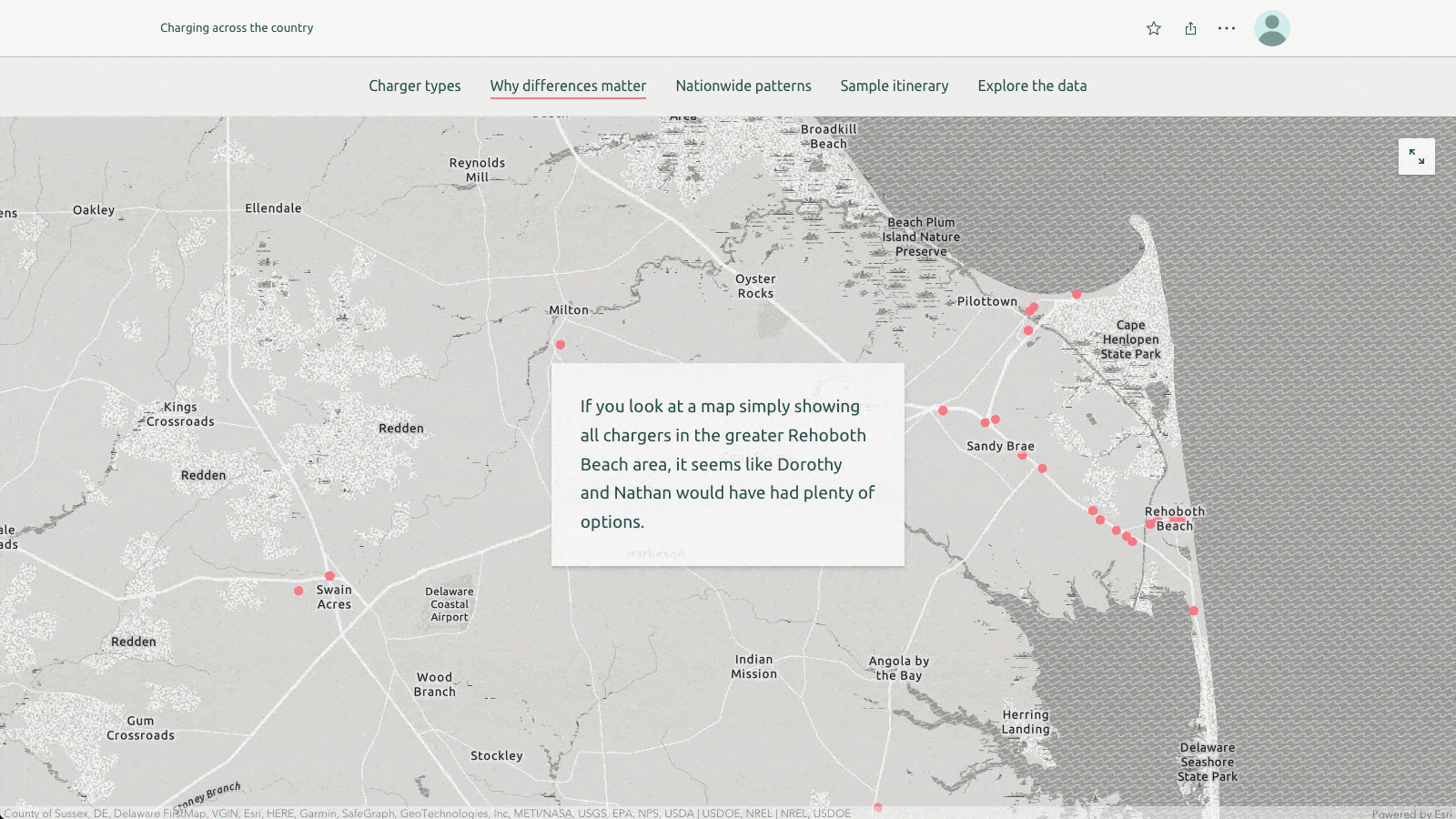 An animation of a sequence of slides showing the locations of electric vehicle charging stations near the Delaware coast, with stations disappearing from slide to slide as different filters are applied An animation of a sequence of slides showing the locations of electric vehicle charging stations near the Delaware coast, with stations disappearing from slide to slide as different filters are applied