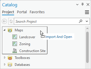 The Catalog pane showing a file being dropped on the Maps container.