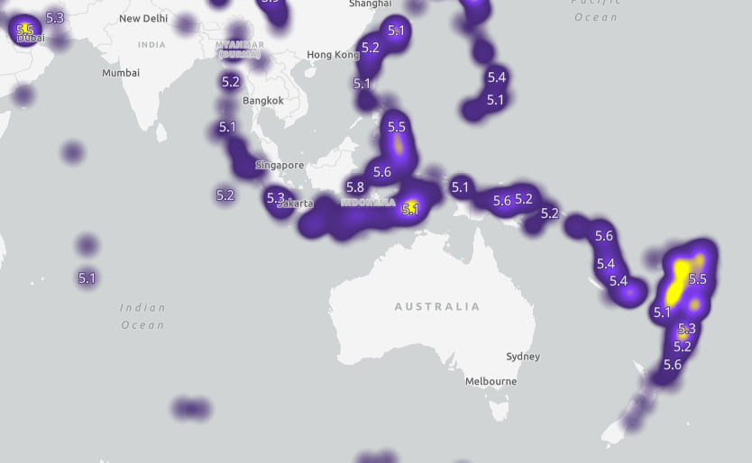 The underlying points of a layer rendered with HeatmapRenderer can now be labeled. In this earthquakes heat map, labels only display for earthquakes of magnitude 5.0 or larger.