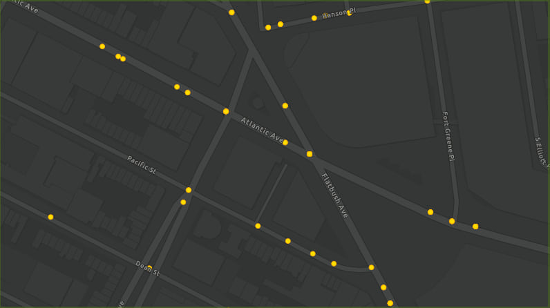 Motor vehicle crashes in New York City (2020). At large scales, individual points appear dispersed; pixels are more likely to contain individual points than at small scales.