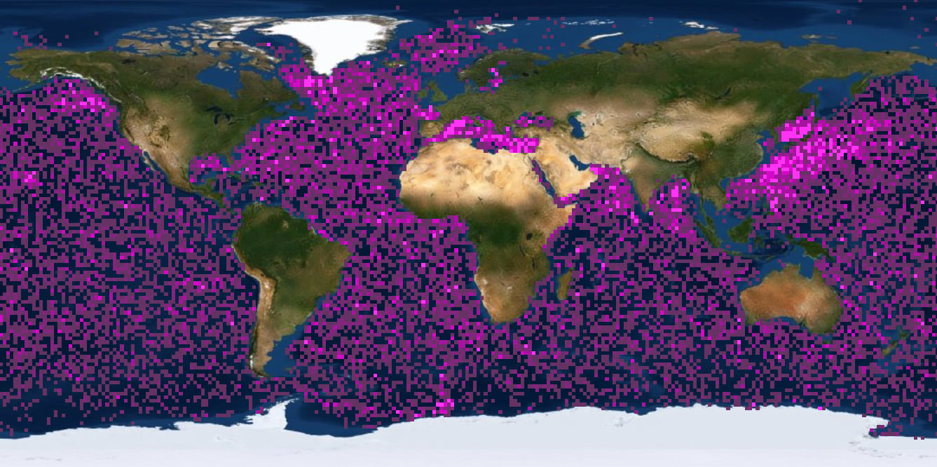 Argo float locations aggregated to a fixed bin level of 3.