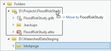 ArcGIS Pro Catalog pane showing an item being dragged from one folder to another