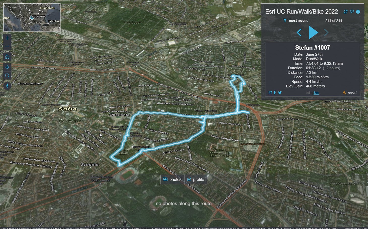 Esri UC Run/Walk/Bike 2022 event route in Bulgaria shown on 3D app