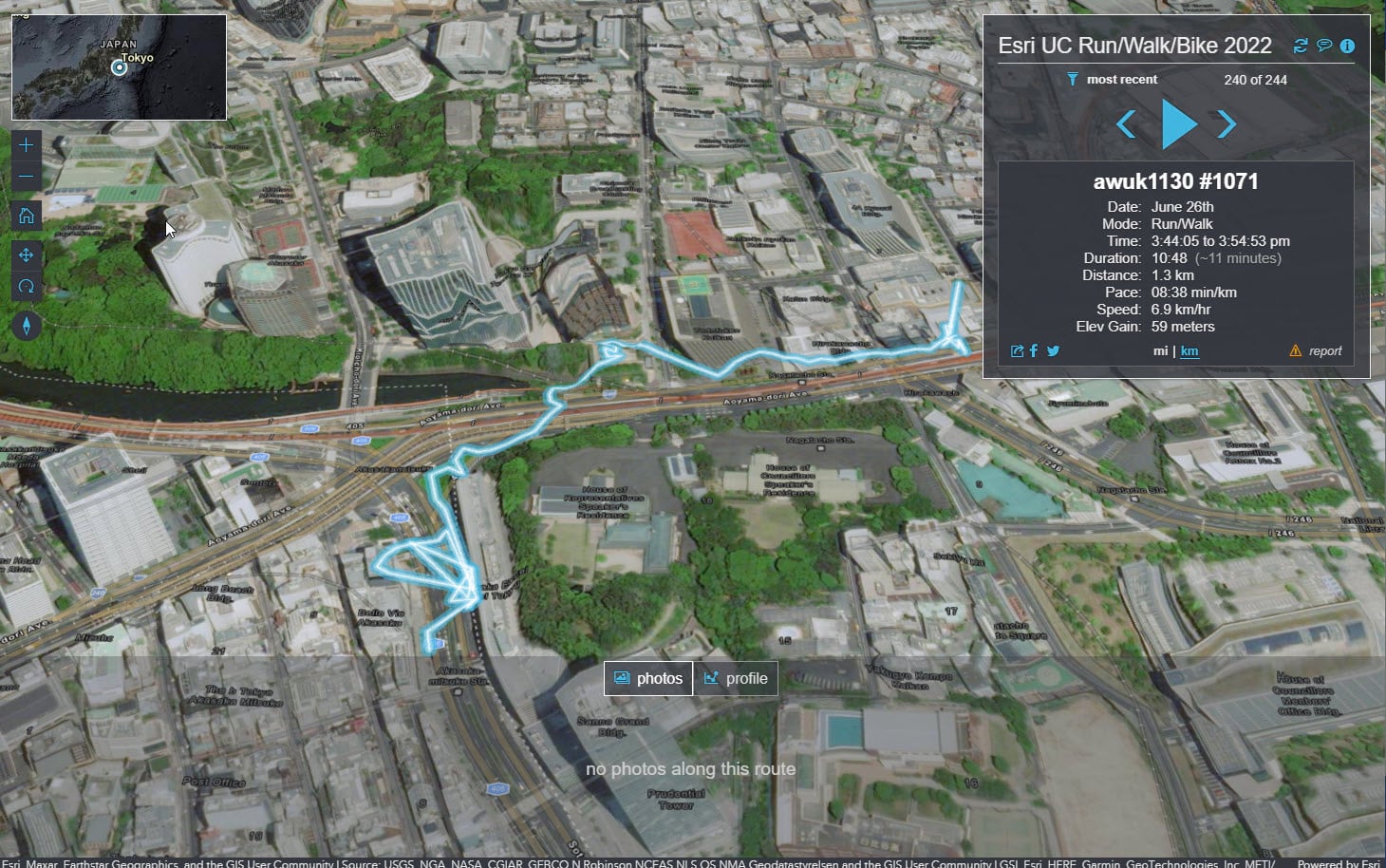 Esri UC Run/Walk/Bike 2022 event route in Tokyo shown on 3D app