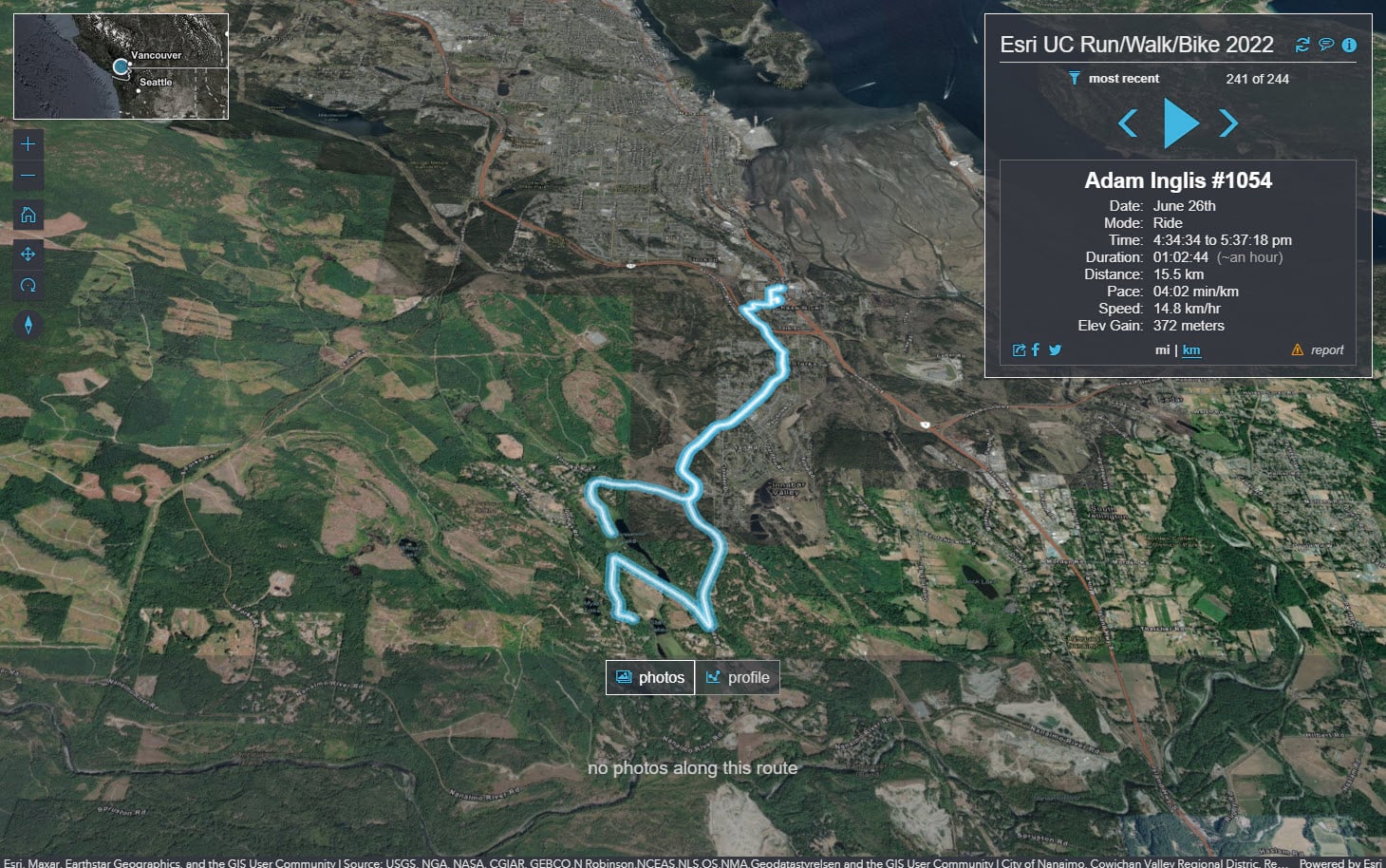 Esri UC Run/Walk/Bike 2022 event route in Vancouver shown on 3D app