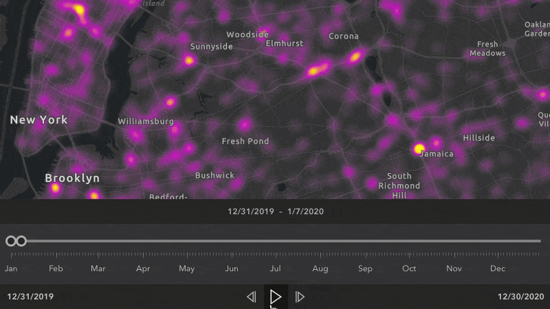 Heat map representing density of car crashes in New York City (2020). Notice how crash density decreased dramatically after March 2020.