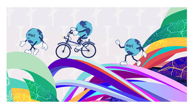 Globie, Esri’s globe character mascot, is walking, biking, and running across a colorful rainbow of ribbons and maps