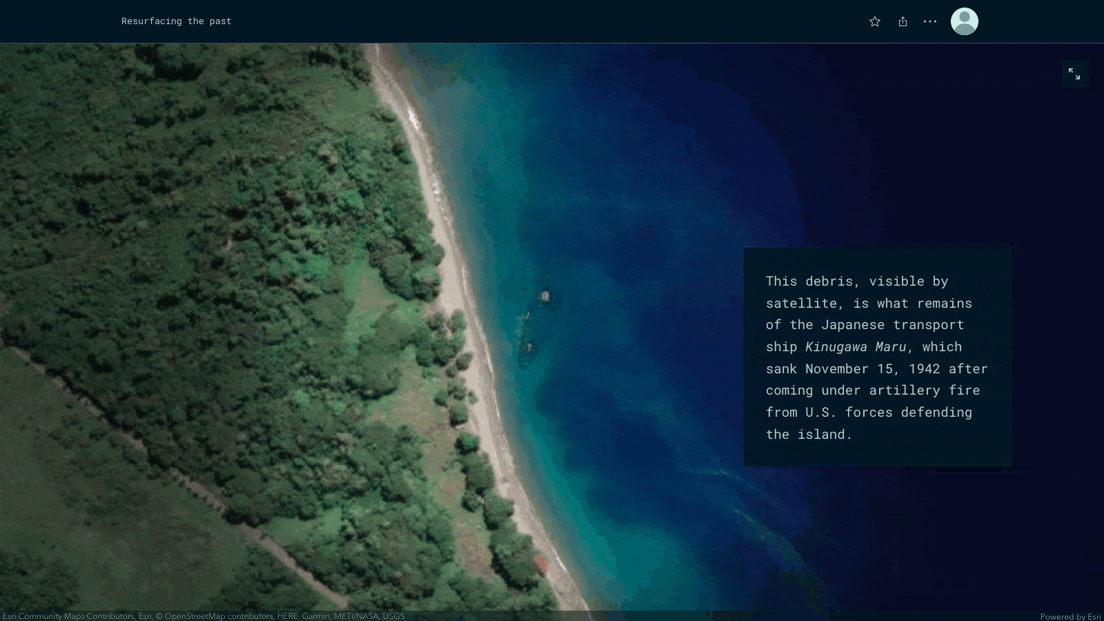 An animation of a sequence of maps, starting zoomed in to satellite imagery of a shipwreck off the island of Guadalcanal, then zooming out to show other sunken ships in the area represented by blue points, then zooming out again to show all of the ships sunk in the Pacific Ocean during World War 2 An animation of a sequence of maps, starting zoomed in to satellite imagery of a shipwreck off the island of Guadalcanal, then zooming out to show other sunken ships in the area represented by blue points, then zooming out again to show all of the ships sunk in the Pacific Ocean during World War 2