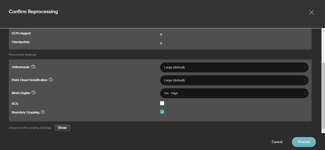 Image depicting processing drone derived 3D mesh settings in Site Scan manager.