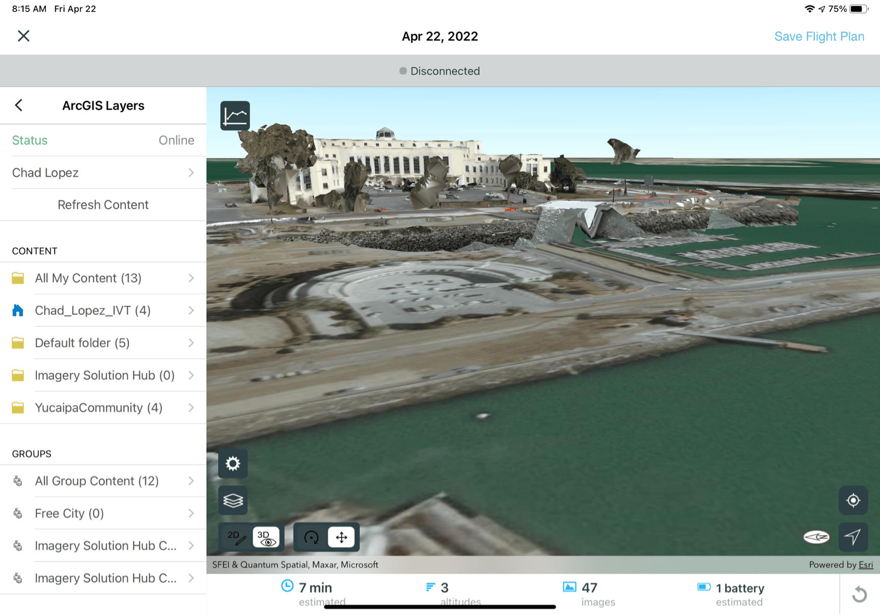 drone derived 3D mesh floating in the flight planning app.