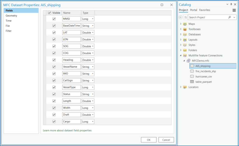 Properties dialogue box for the AIS_shipping dataset