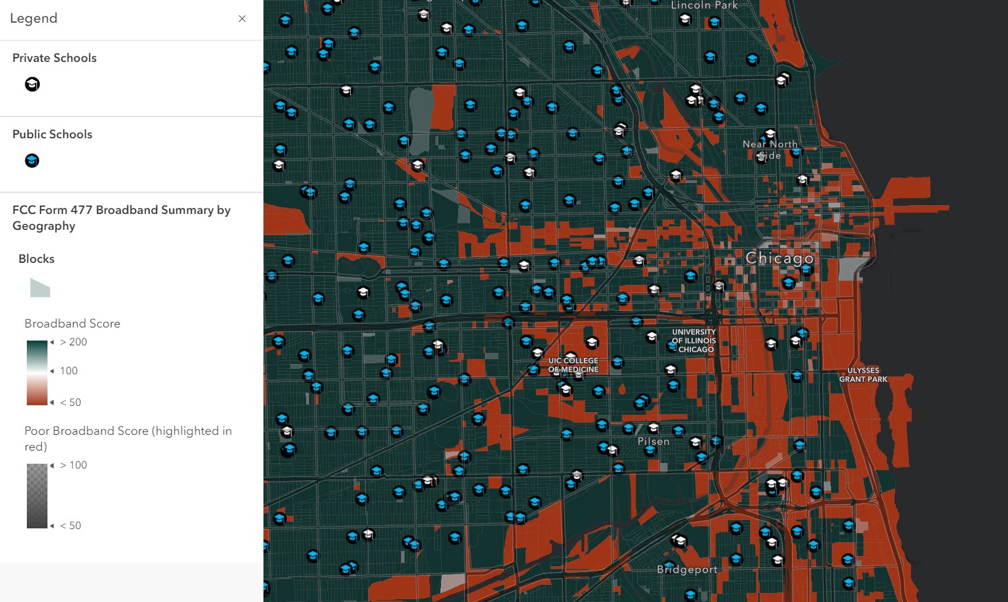 Private schools symbolized with white school markers, public schools symbolized in blue school markers, and blocks are symbolized by Broadband Score (dark green = good, dark orange = poor). Map opens in Chicago. Private schools symbolized with white school markers, public schools symbolized in blue school markers, and blocks are symbolized by Broadband Score (dark green = good, dark orange = poor). Map opens in Chicago.