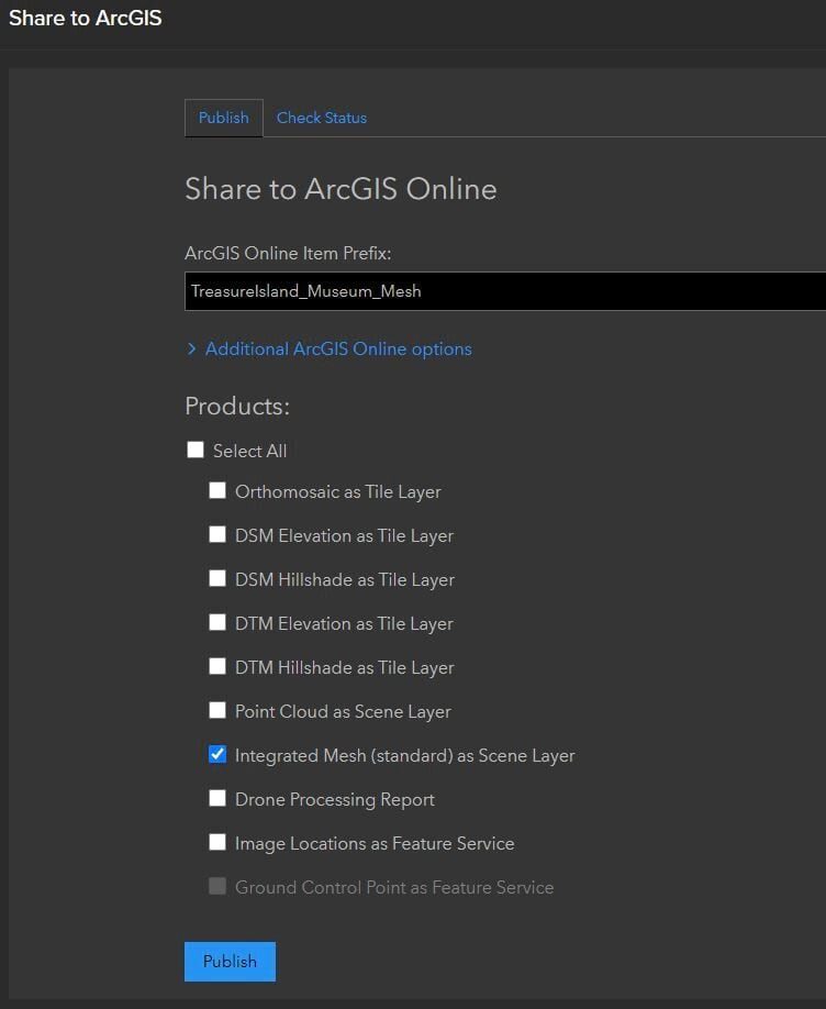 Image depicting menu settings on sharing Site Scan data to ArcGIS Online