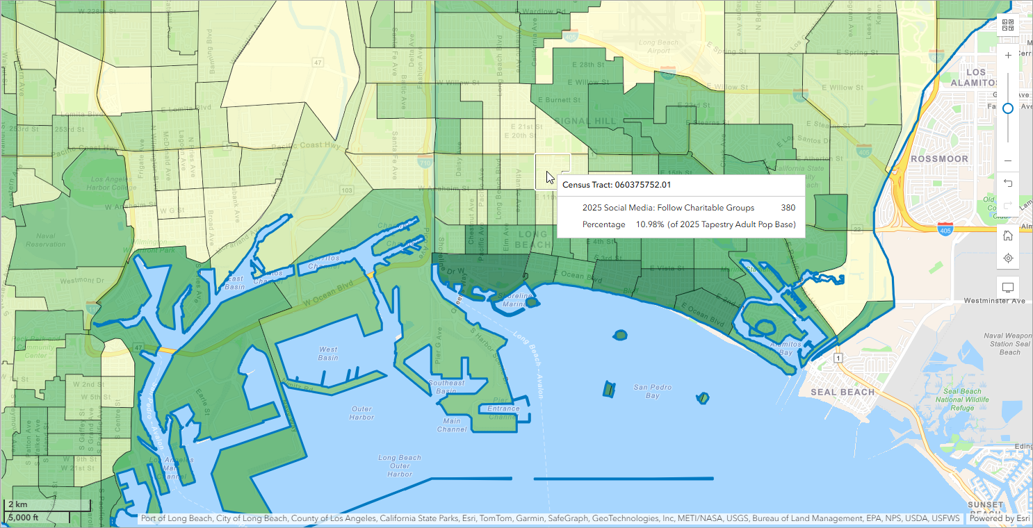 Map image of percent following charities on social media