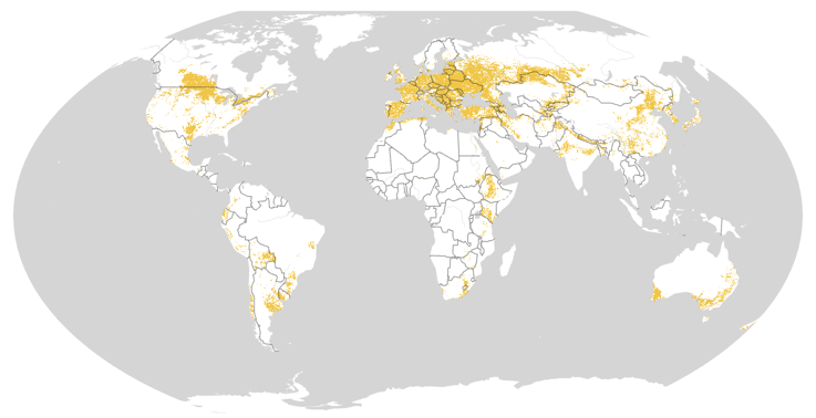 Current global wheat extent. Most wheat cultivation is concentrated in Europe.