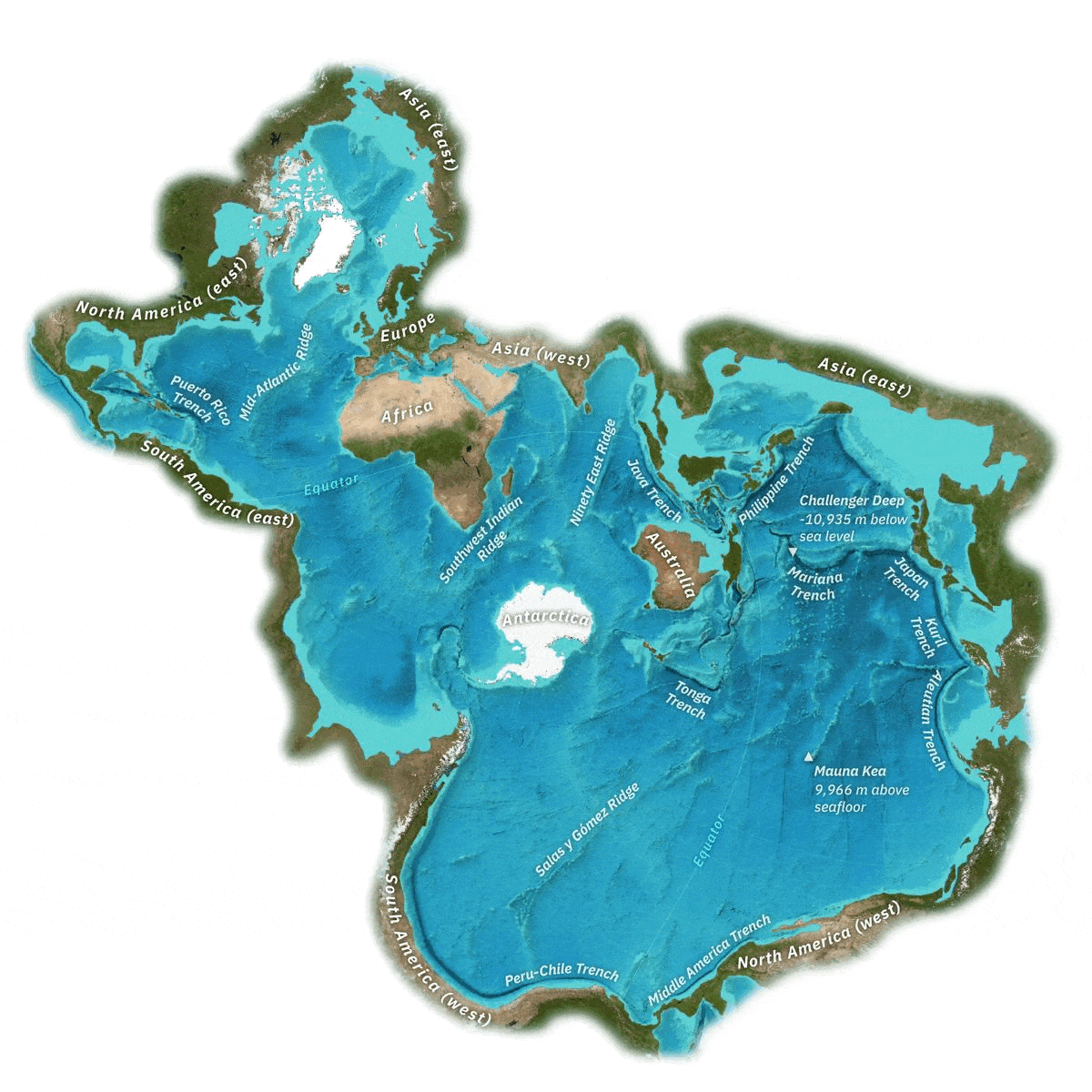 A global ocean map with seabed features identified A global ocean map with seabed features identified