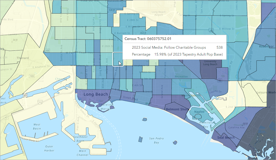 Map image of percent following charities on social media