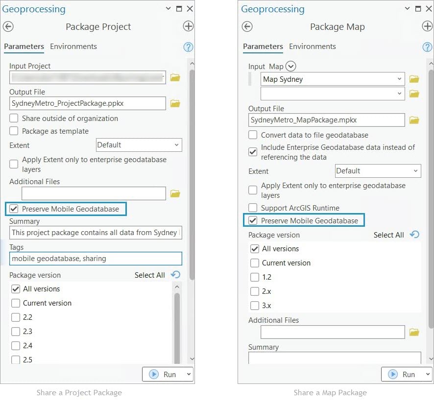 Sharing the Sydney Metro data stored in a mobile geodatabase as a project package and map package, with the option to preserve the mobile geodatabase enabled.