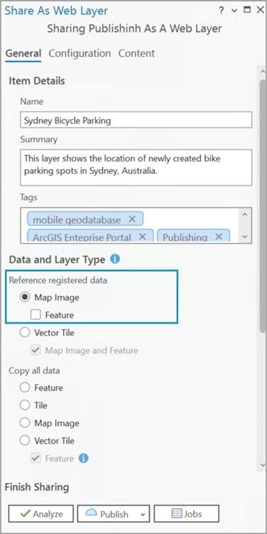 Sharing the Sydney Bicycle Parking feature class by reference as a map image layer.