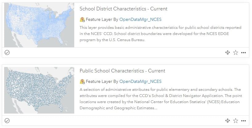 Layer cards of "School District Characteristics - Current" and "Public School Characteristics - Current" from OpenDataMgr_NCES.