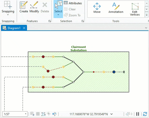 Sample network diagram edits with both the reference grid and snapping turned on