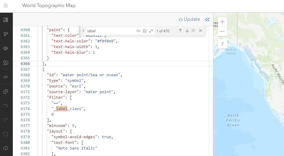 The Vector Tile Style Editor with the code editor open The Vector Tile Style Editor with the code editor open