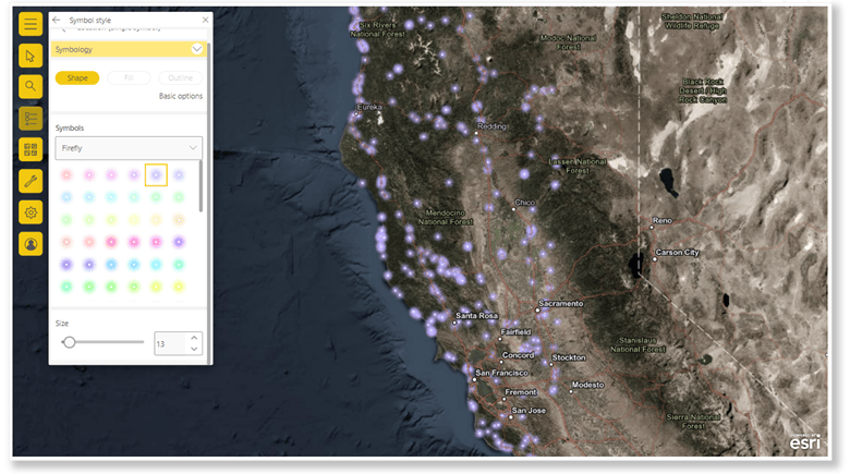 Location Single symbol map with firefly symbology and Firefly Imagery Hybrid Basemap