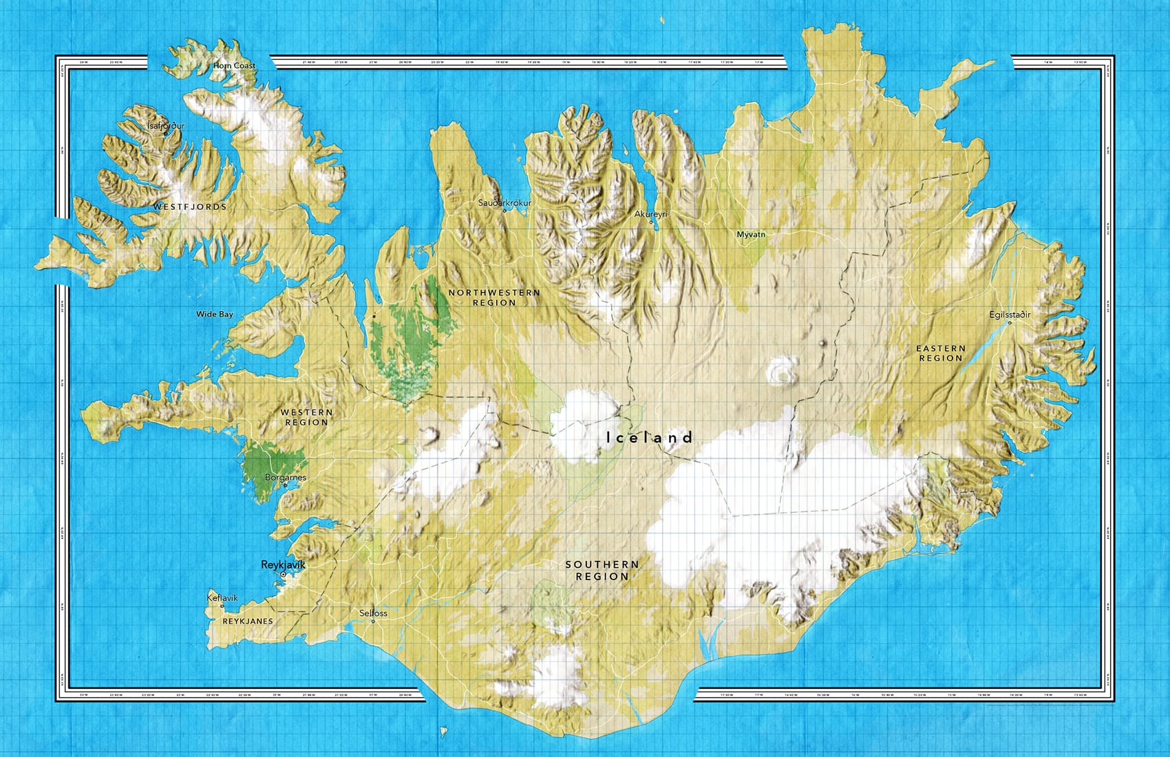 A full-bleed map of Iceland with an interrupted neatline