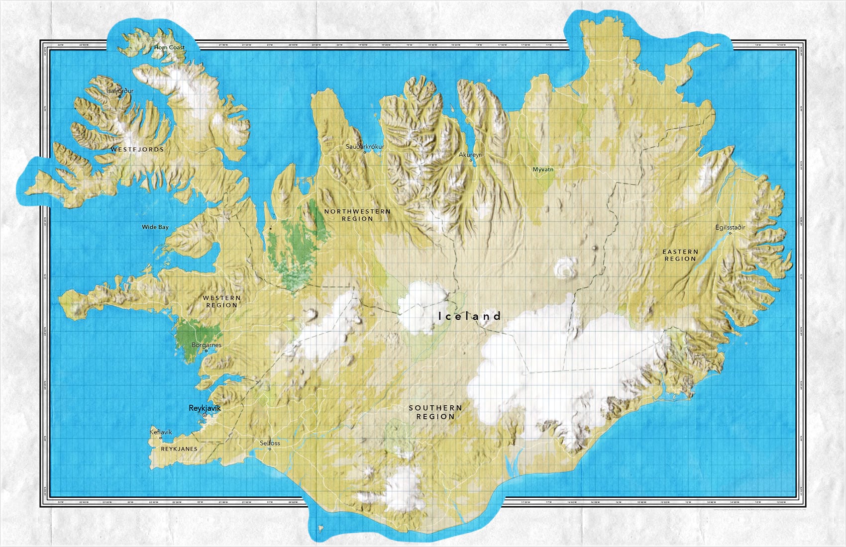 Map of Iceland with an interrupted neatline