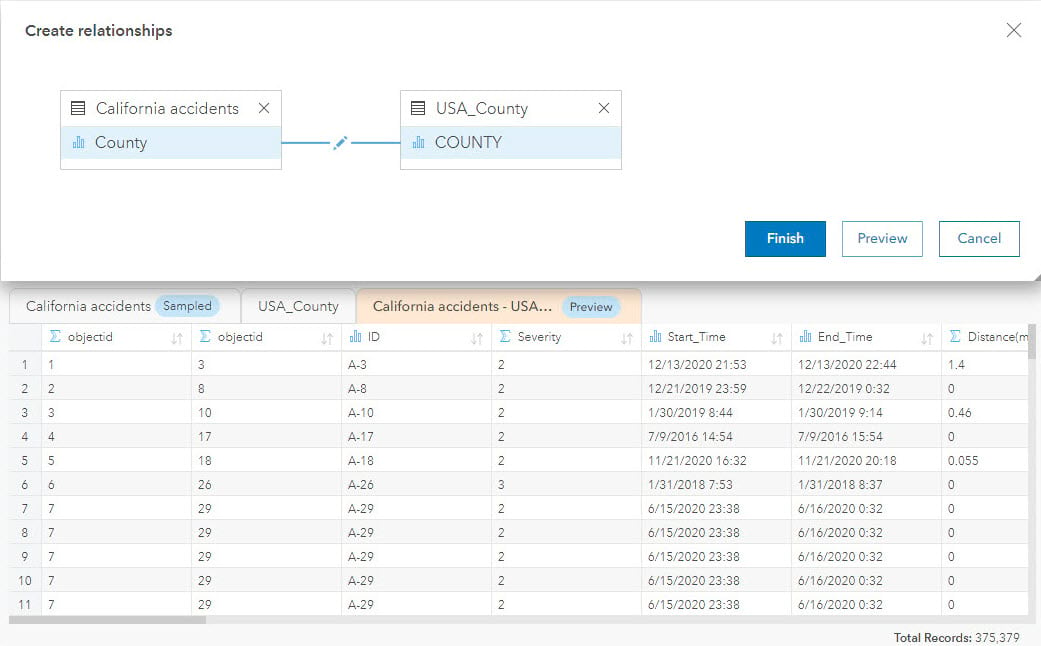 Preview the relationship result before finalizing the join.