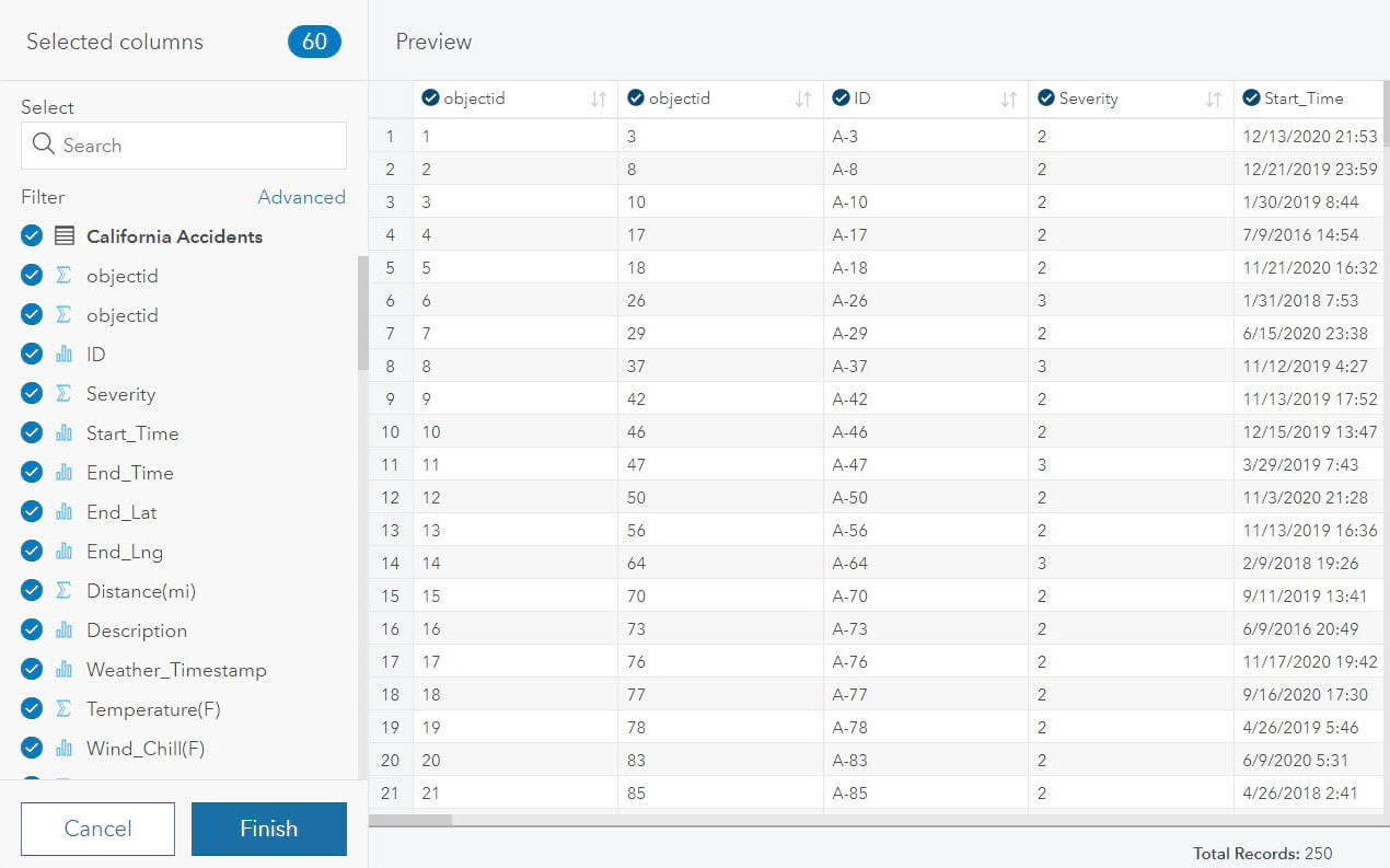 Preview of the dataset is shown while filtering data under import options.