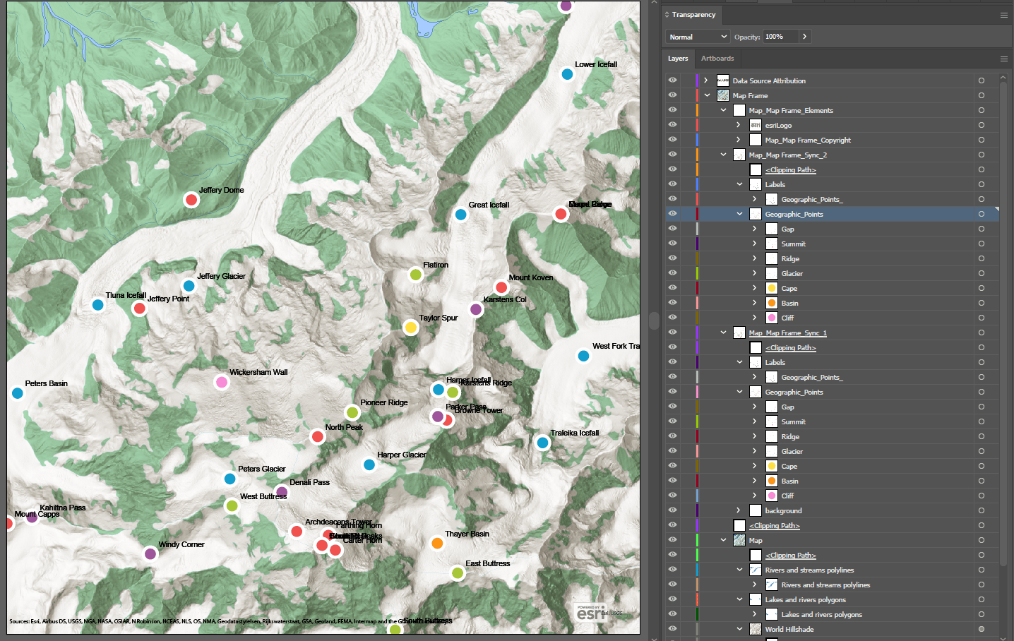 The Geogrpahic Points geojson file added to the map in Illustrator