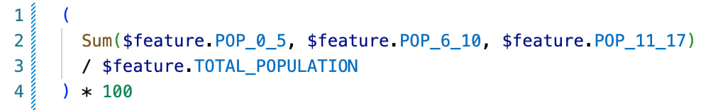 Formula for calculating population under 18 in Arcade.