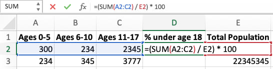 A Microsoft Excel formula for calculating the percentage of the population under age 18.