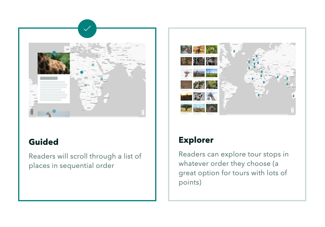 A screenshot of the map tour layout selection modal in ArcGIS StoryMaps, showing the two layout options of guided and explorer tour A screenshot of the map tour layout selection modal in ArcGIS StoryMaps, showing the two layout options of guided and explorer tour