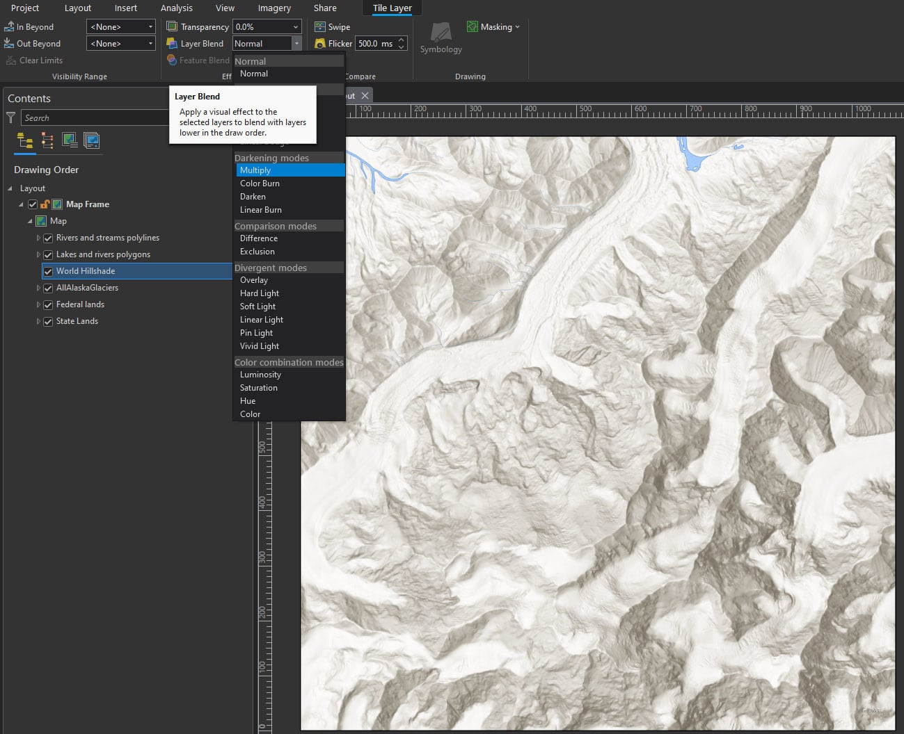 A) ArcGIS Pro. Selecting a blend mode in ArcGIS pro