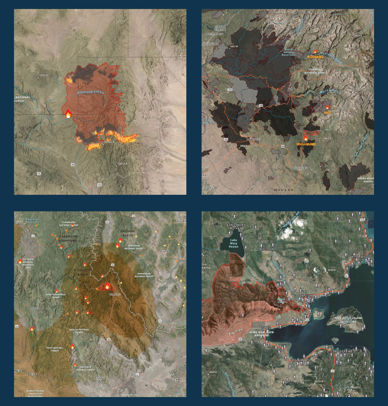 Graphic showing hot spots, burn history, air quality, and population