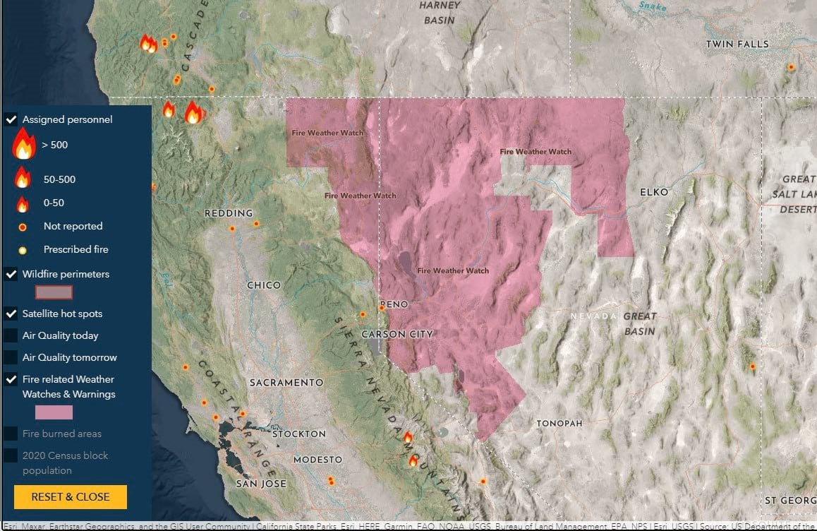 Graphic of layer list with fire related weather watches and warnings checked on