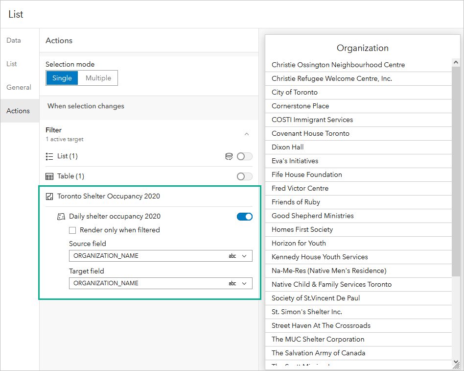 field mapping in list action configuration