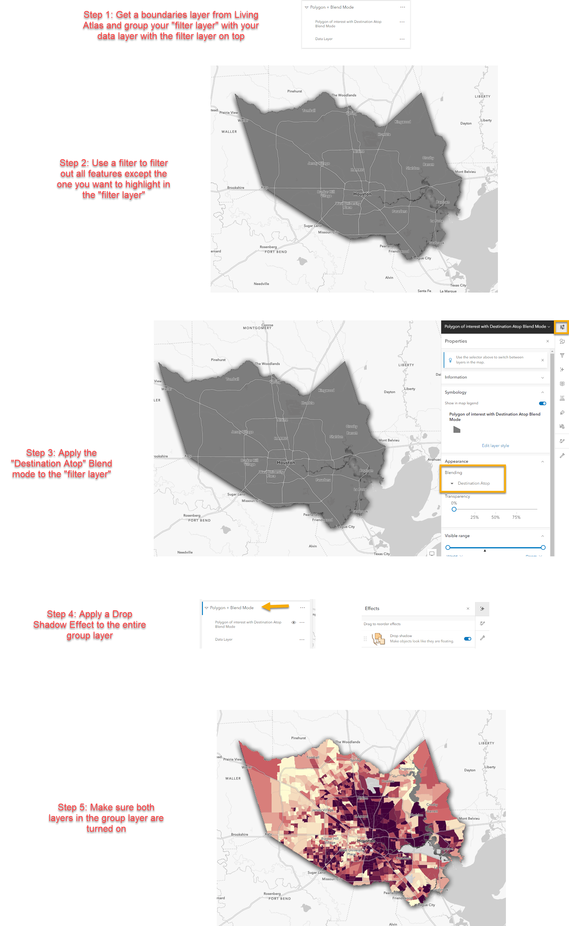 Step 1: Bring in a layer of related boundaries on top and data layer on bottom. Step 2: filter the related boundaries by your area of interest 3: apply destination atop Step 4: Apply a drop shadow Step 5: make sure both layers are on Step 1: Bring in a layer of related boundaries on top and data layer on bottom. Step 2: filter the related boundaries by your area of interest 3: apply destination atop Step 4: Apply a drop shadow Step 5: make sure both layers are on