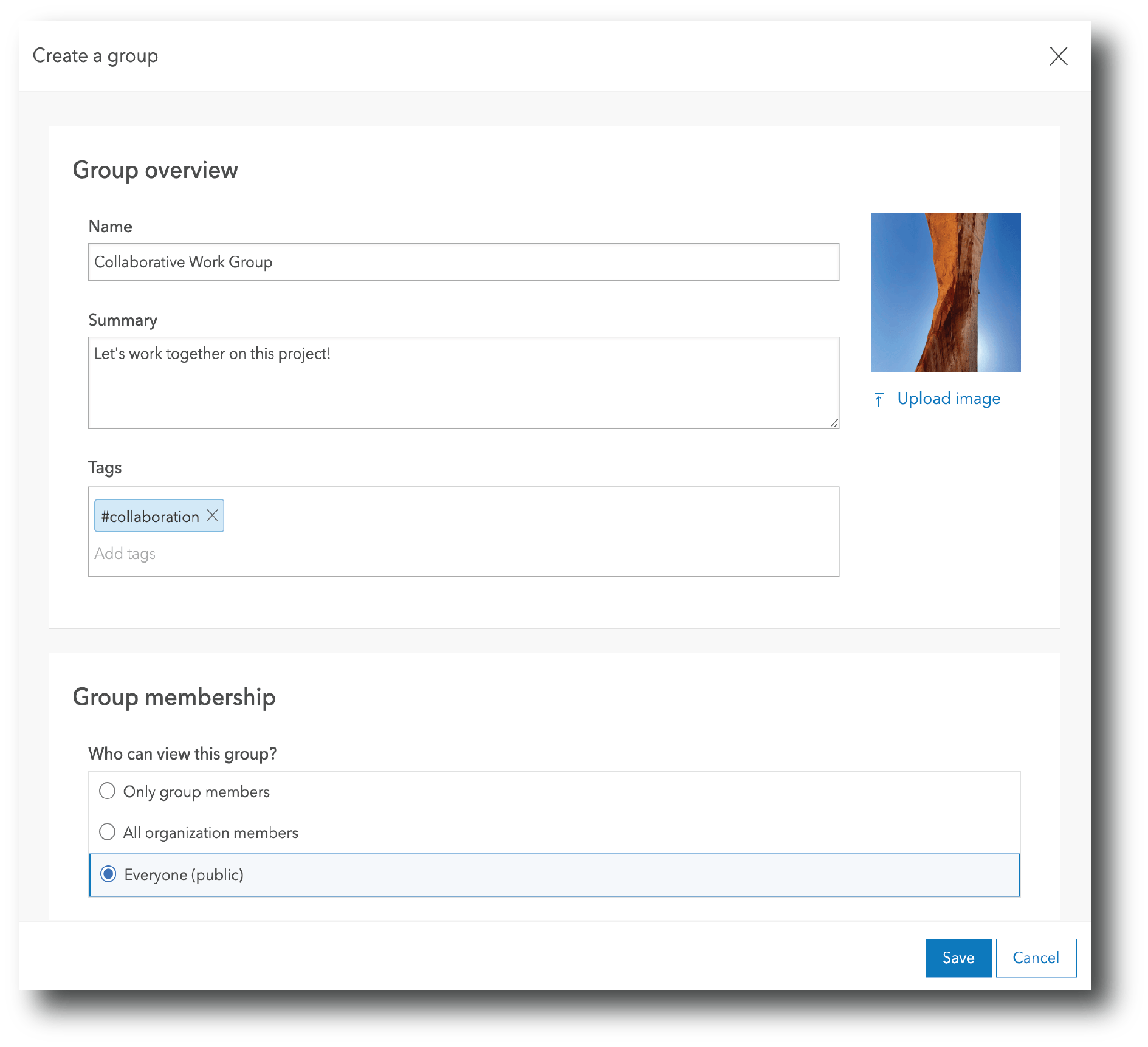 The create a group modal for ArcGIS Groups