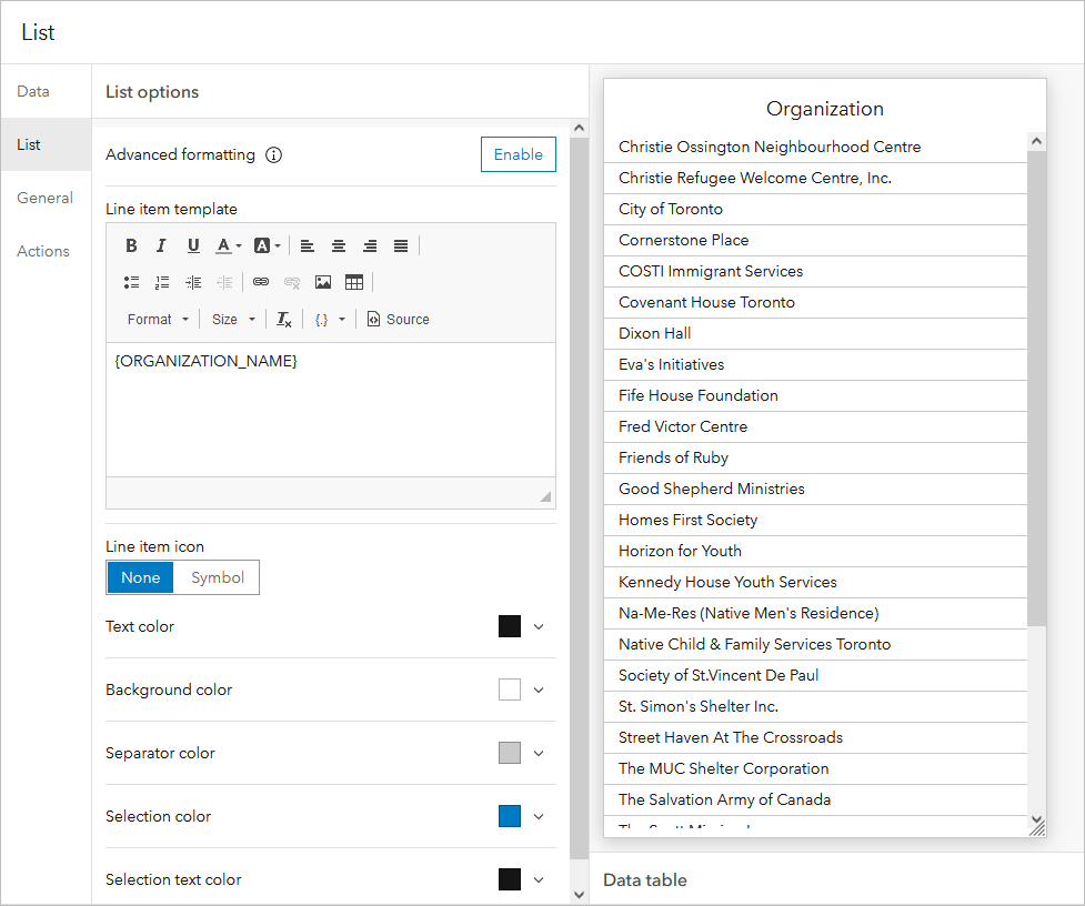 list configuration options