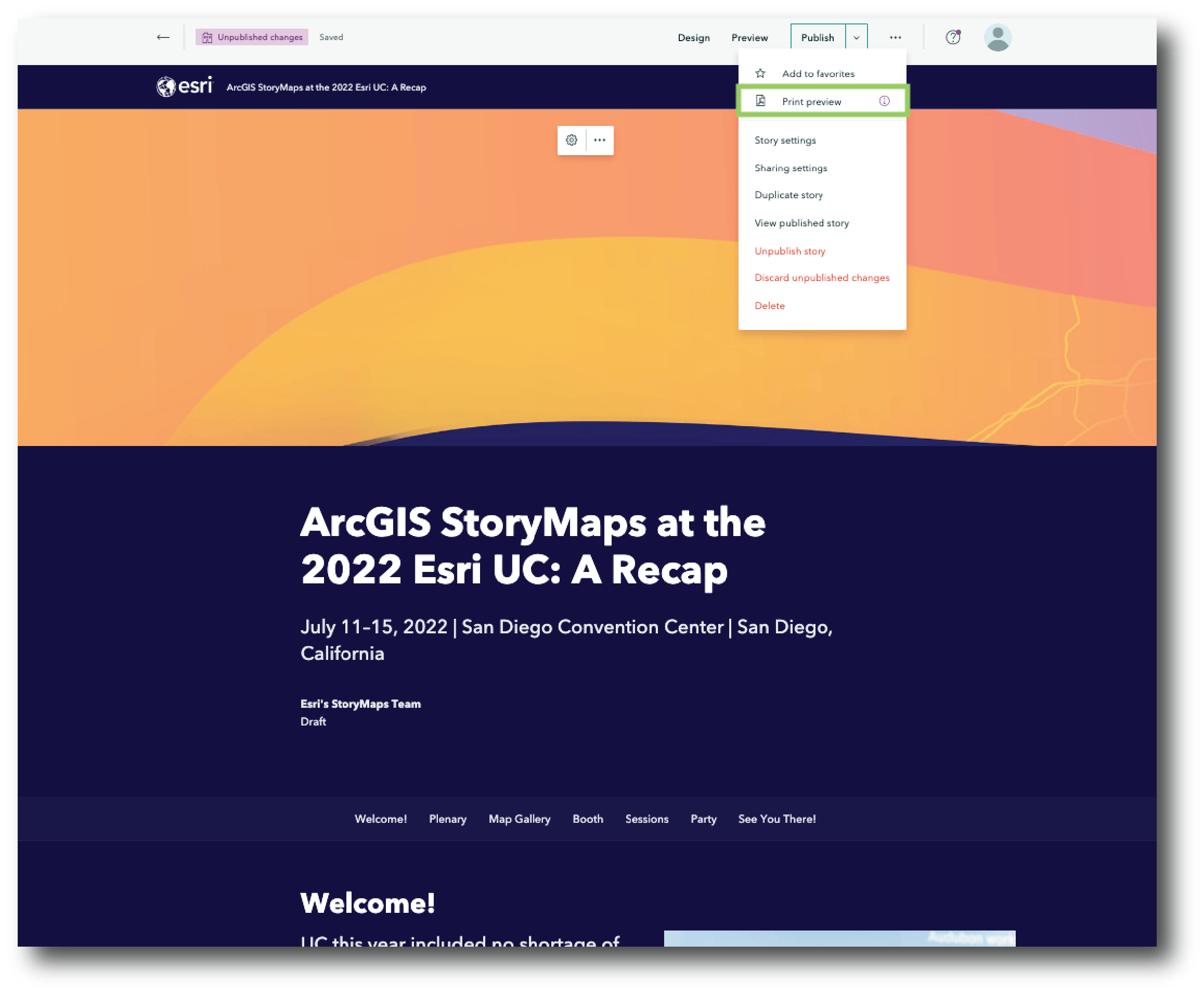 The dropdown for printing a story in ArcGIS StoryMaps