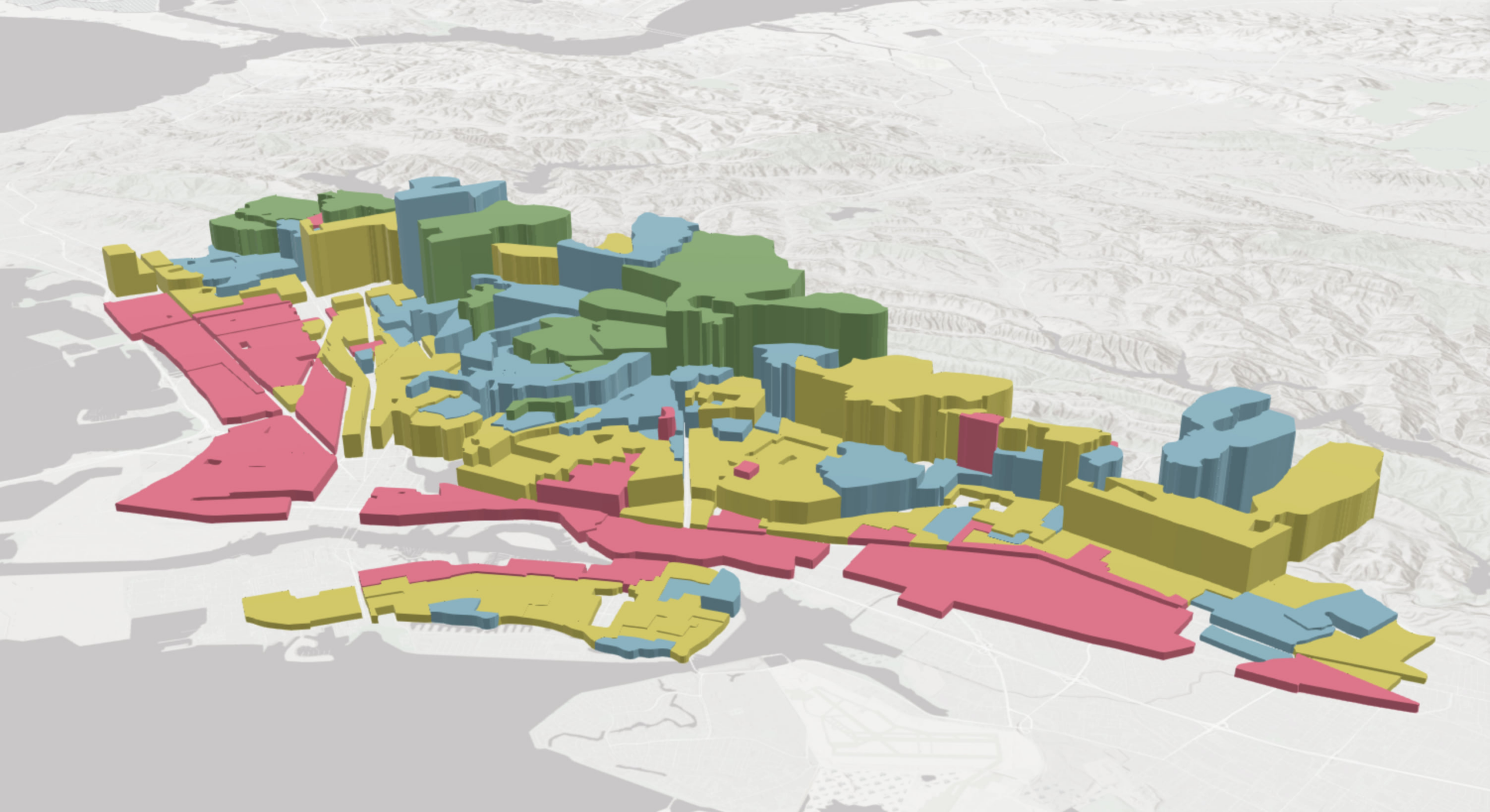 A screenshot of a 3d terrain map of Oakland, with different neighborhoods color coded to show their property values and desirability
