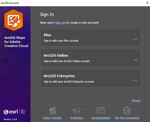 ArcGIS Maps for Adobe Creative Cloud sign in screen