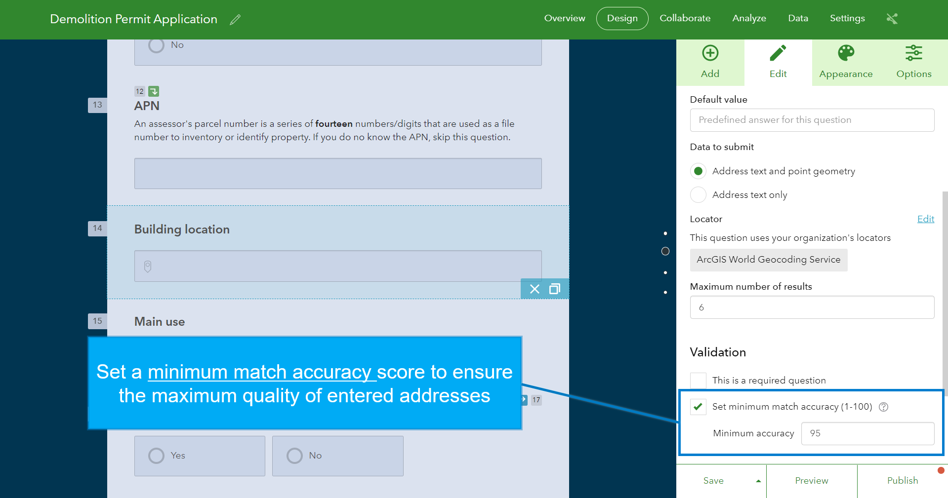 Address question type now includes an option to set a minimum addrss match score