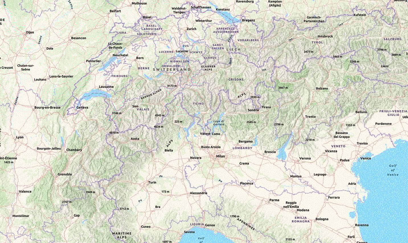 Northern Italy with an adjusted label layer Northern Italy with an adjusted label layer