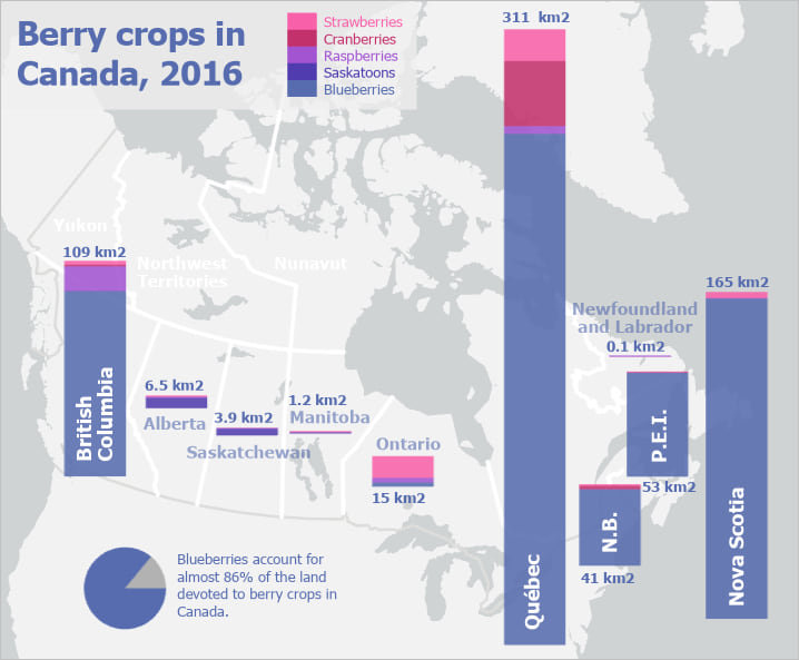 Map of berry crops in Canada, with stacked bar charts