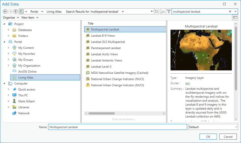The Add Data pane showing Landsat text search.