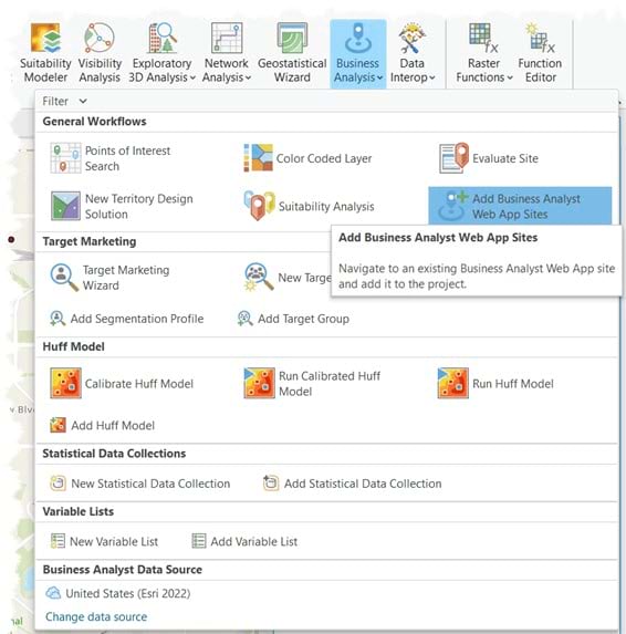 Add Business Analyst Web App sites in ArcGIS Pro